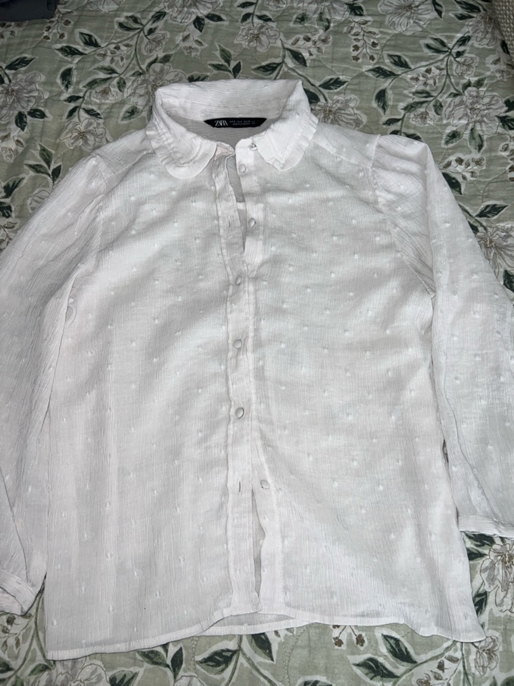 Zara White Textured Button-Up Blouse